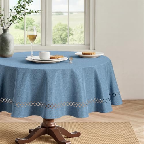 MIULEE Dusty Blue 60 Inch Round Linen Tablecloth with Decorative Cutouts