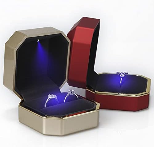 Luxury Ring Box, Square Velvet Wedding Ring Case Jewelry Gift Box with LED Light for Proposal Engagement Wedding, Gold