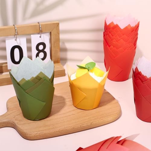 Whaline 200Pcs Fall Tulip Cupcake Liners Autumn Greaseproof Paper Baking Cups Red Orange Yellow Green Muffin Cupcake Wrappers for Thanksgiving Wedding Birthday