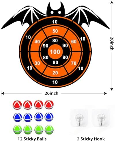 Halloween Party Games Toys for Kids, Large 26" Halloween Bat Dart Board Game Decorations Centerpieces Party Supplies with 12 Sticky Balls for Halloween Birthday Gifts for Age 3+ Boys Girls