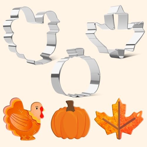 Fall Thanksgiving Cookie Cutters, 3PCS Large 3.2" to 3.6" Stainless Steel Autumn Cookie Cutters Fall Theme Holiday Shapes of Turkey, Maple Leaf, Pumpkin for Home Baking Kit Birthday Party Supplies
