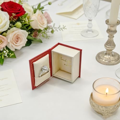 Book Shaped Ring Box - Vintage Engagement Ring Box with Hinged Lid for Proposal Engagement Wedding, Proposal Ring Case-PRB012-Red
