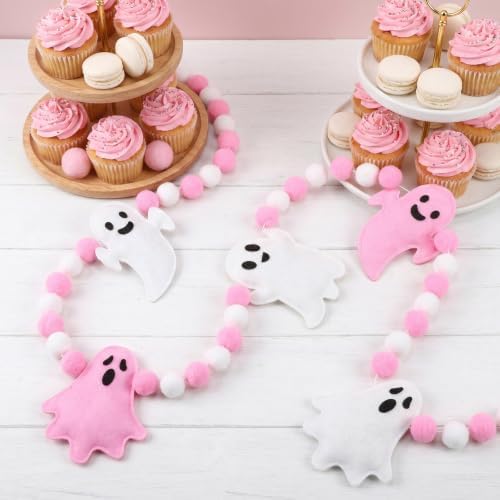 Jansun Pink Ghost Garland 3D Felt Halloween Banner for Fireplace Decor
