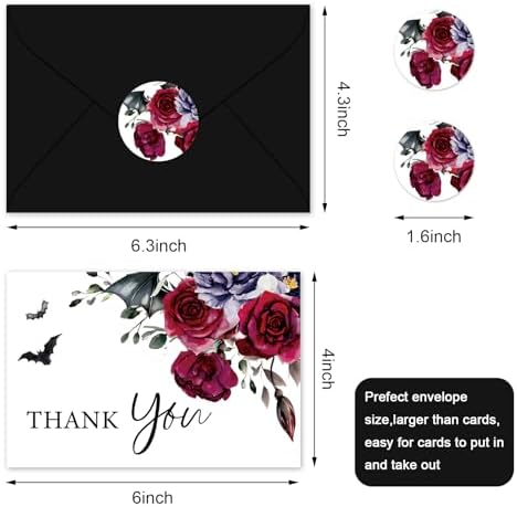Whaline 36Pcs Halloween Thank You Cards with Envelopes Stickers Blood Red Flower Bat Greeting Cards Blank Note Card for Halloween Birthday Wedding Party Supplies