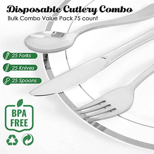 FOCUSLINE 75 Pack Silver Plastic Silverware, Disposable Cutlery Set