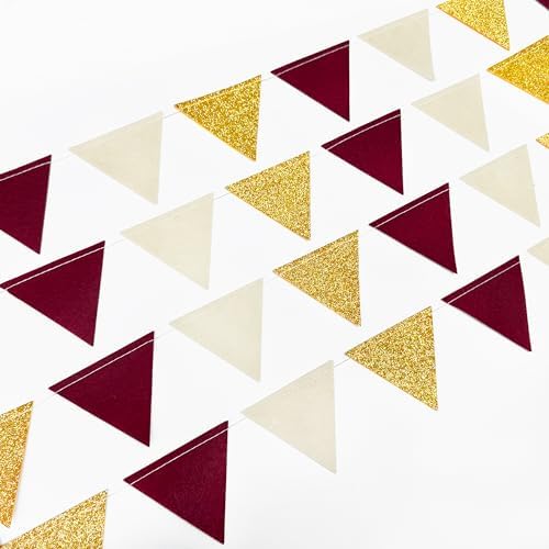 Maroon Gold Party Decorations Burgundy Beige Gold Glitter Felt Hanging Triangle Mini Bunting Pennant Banner Flag for Birthday Graduation Wedding Shower Anniversary Party Decor Supplies