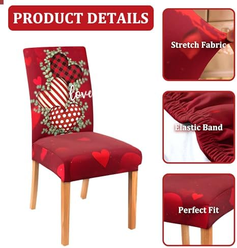 Valentines Day Chair Covers Set of 4, Valentines Decorations Stretch Removable Washable Dining Room Love Hearts Gnome Chair Protector Slipcovers Party Kitchen Home Valentine Decor (Valentine 2, 4 PCS)