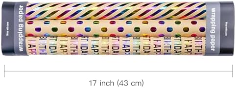 WRAPAHOLIC Kraft Birthday Wrapping Paper Roll - 3 Mini Rolls - 17 Inch x 120 Inch Per Roll - Rainbow Foi Happy Birthday Wrapping Paper for Boys Girls Kids, Baby Shower