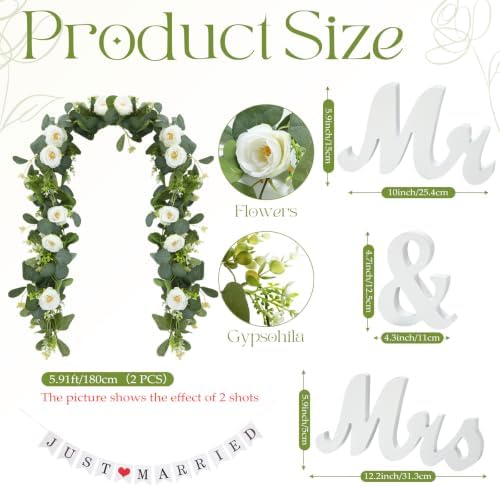 5 Pcs Just Married Decorations Kit, All-in-one Wedding Decor with 10.5 x 8.2ft White Tulle Backdrop with Lights, Mr and Mrs Sign, 2 Flower Garlands, Wedding Banner for Reception, Party