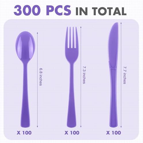 Kochorie 300 Pieces Purple Plastic Silverware, Disposable Plastic Utensils, Heavy Duty Cutlery Set Heavyweight Flatware Includes Spoons Forks Knives for Birthday Party Prom Night Wedding Dinner