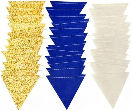 Blue Gold Beige Party Decoration Royal Gold Glitter Felt Hanging Triangle Mini Bunting Pennant Banner Flag for Birthday Wedding Shower Graduation Nautical Ahoy Achor Party Decor Supplies
