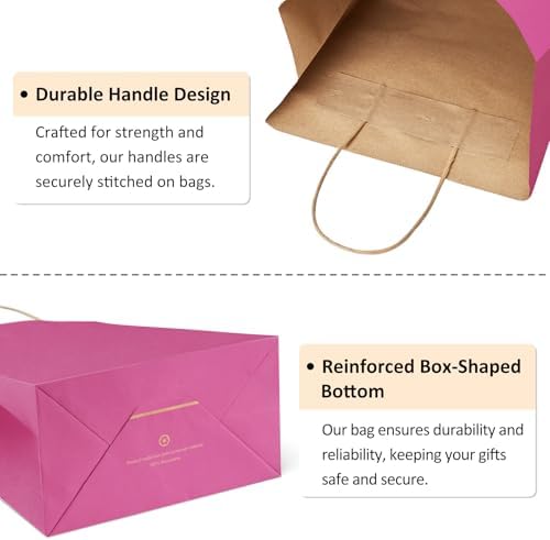 BagDream Medium Gift Bags with Handles 8x4.25x10.5 Inch Pink 100 Pack Bulk