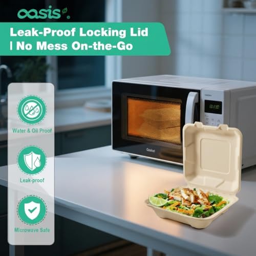 8x8 Inch 68 Pack Compostable Clamshell Take Out Food Containers, Disposable Paper To Go Boxes with Lids, Heavy Duty Sugarcane Bagasse Containers for Meals & Takeout, Natural
