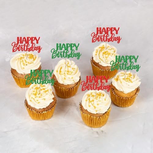 30 PCS Happy Birthday Cupcake Toppers Glitter Happy Birthday Cupcake Picks for Celebrating Anniversary Theme Christmas Party Cake Decorations Supplies Red Green