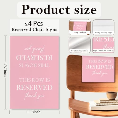 Reserved Seating Chair Signs, This Row Is Reserved Pew Cloths Seating Placeholder for Church Pews, Pink Wedding Decorations for Reception Parties Celebrations Event Meetings (Pink, 4 PCS)