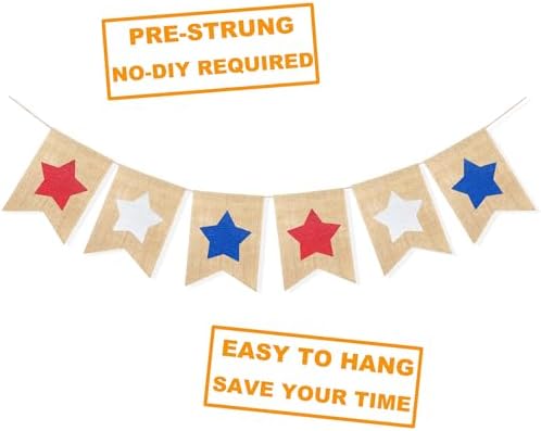 Burlap Star Banner 4th of July Garland Bunting Red White and Blue Decorations Patriotic America Independence Day Memorial Veterans Day Flag for Mantel Fireplace Sign USA Accessories