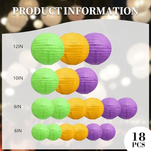 18Pcs Yellow Purple Green Paper Lanterns for Parties, 6” 8” 10” 12” Chinese Asian Hanging Round Paper Lanterns for Birthday Wedding Halloween Christmas Home Decor Party Decor