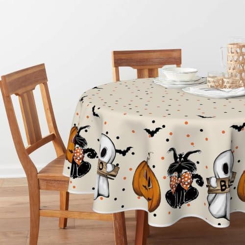 Horaldaily Halloween Tablecloth 60 x 60 Inch Round Jack-O-Lantern Ghost Cat