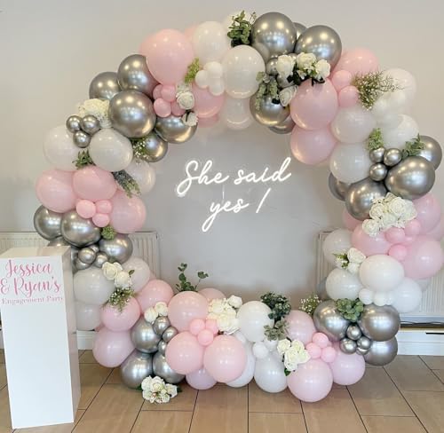 Silver Balloon Arch Kit, 143Pcs Chrome Metallic Silver Latex Balloon Garland kit, 18 12 10 5Inch Different Size Balloons for Wedding New Year Anniversary Baby Shower Birthday Party Decorations