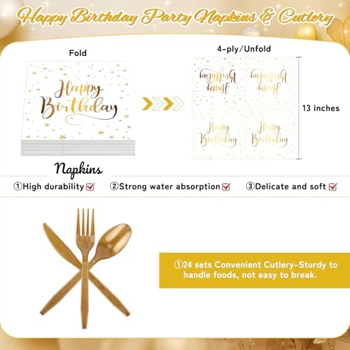 White and Gold Happy Birthday Party Plates, 168PCS Birthday Party Supplies