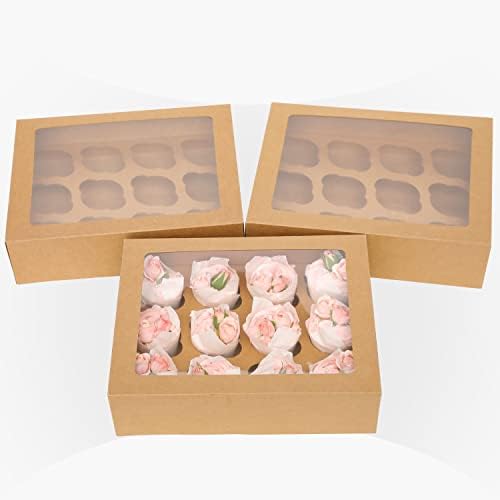 qiqee Auto-pop Up Cupcake Boxes with Window Brown 40PCS 12 Count Cupcake Box 13"x10"x3.5" Cupcakes Carrier, 12 Cupcake Containers with 2 rolls of pink ribbons