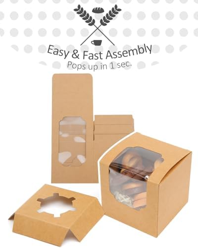 qiqee Brown Auto-pop up Cupcake Boxes Individual Cupcake 3.5x 3.5x 3.5inch 200pcs Single Cupcake Boxes