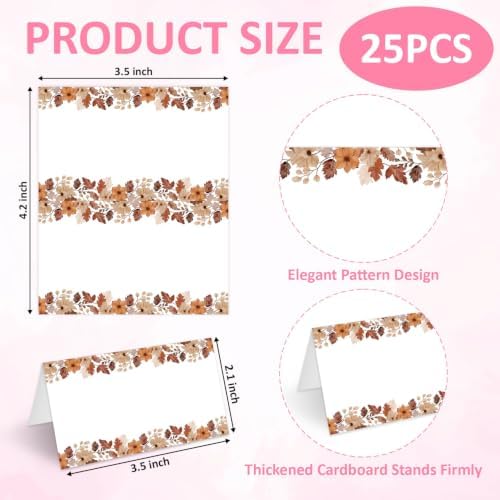 25Pcs Fall Place Cards, Watercolor Leaves Retro Boho Tented Name Cards, Seating Card for Wedding Thanksgiving Autumn Party Table Setting, 2.1 x 3.5 Inch Folded -16