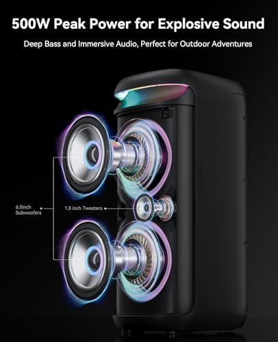 GKD60 Karaoke Machine with 2 Wireless Microphones for Adults, Portable Bluetooth Party Speaker, 500W Peak Power PA System with LED Disco Lights, 6.5'' Speaker Big Sound, 8000mAh Battery for Outdoor