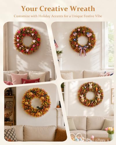 DDHS 20" Fall Wreath for Front Door，Artificial Boxwood Wreath-Hello Sign