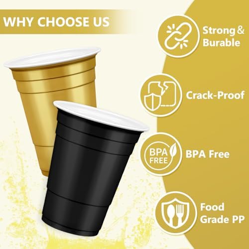 LANLISA 100Pcs Black and Gold Plastic Cups, 16 oz Disposable Cups For Birthday Party, Graduation Decorations, New Years Eve