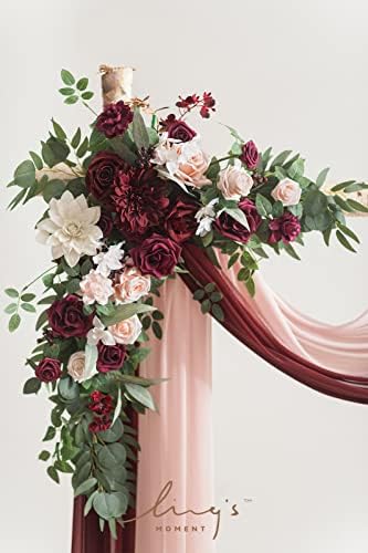 Ling's moment Red Pink Blush Artificial Wedding Arch Flowers Kit Pack of 4, 2pcs Hanging Flower Arrangement 2pcs Chiffon Drapes Ceremony Reception Fake Rose Arbor Backdrop Floral Party Outdoor Decor