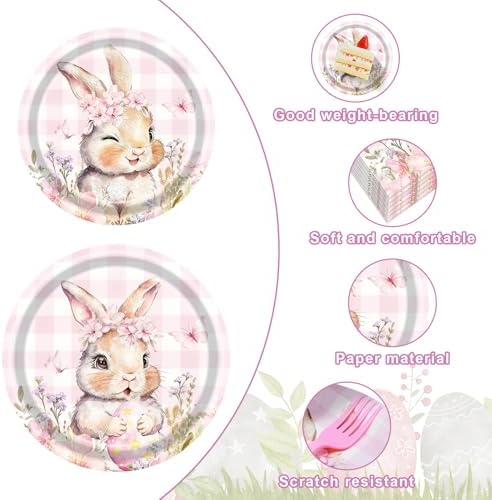 100 Pieces Easter Bunny Party Tableware Set – Pink Plaid Floral Rabbit Plates, Napkins and Forks, Spring Disposable Dinnerware for Easter Party, Birthday and Baby Shower Supplies