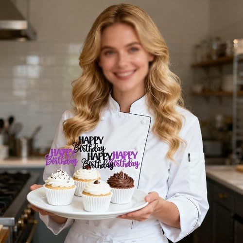 30 PCS Happy Birthday Cupcake Toppers Glitter Happy Birthday Cupcake Picks for Celebrating Anniversary Theme Christmas Party Cake Decorations Supplies Black Purple
