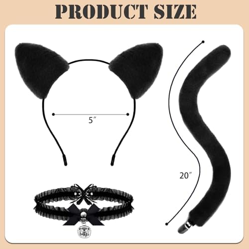 DysanVica Black Cat Costume Accessories - Cute Fluffy Cat Ears Headband Tail Collar for Adult Women Halloween