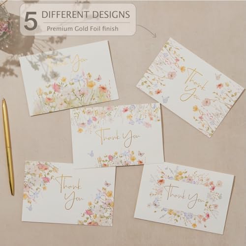 100 Floral Thank You Cards With Envelopes & Stickers - Pretty Wildflower & Gold Foil Assorted Greeting Notes pack for Wedding, Baby & Bridal Shower - Cute 4x6 Large Blank Flower Bulk Box Set