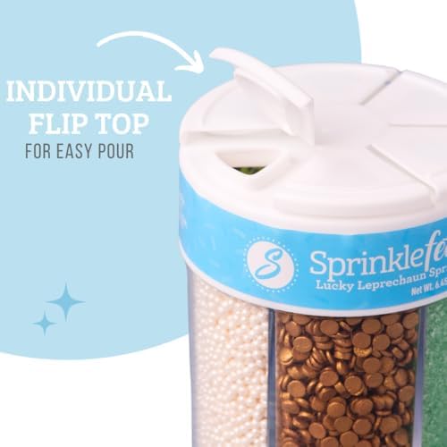 Sweets Indeed St Patricks Day 6 Cell Sprinkles Jar – Green Shamrock Quins, Green and Gold Sugar, Circle Quins and Nonpareils for Baking & Decorating Cupcakes, Cookies, Cakes & Desserts – 6.45 ounces