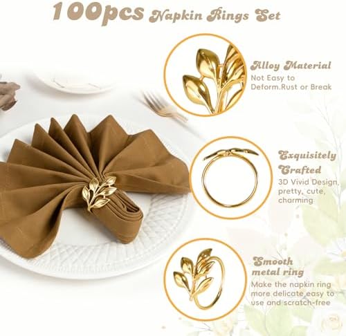 Leaf Napkin Rings Set of 100 Metal Napkin Rings Bulk Table Napkin Ring Suitable for Valentine Thanksgiving Banquets Table Parties and Everyday