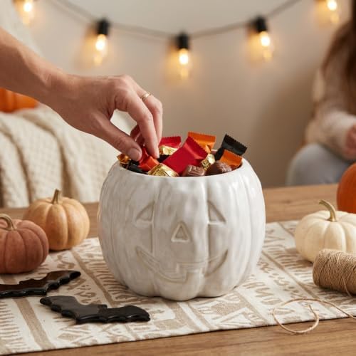 Ceramic Pumpkin Halloween Candy Bowl, 6.5 x 4.7 in, White