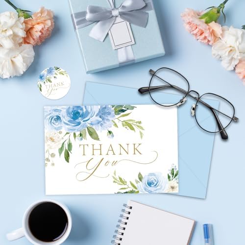24 Pack Floral Thank You Cards with Envelopes, Watercolor Blue Greeting Cards with Matching Adhesive Envelopes for Graduation Summer Wedding Bridal Shower Birthday