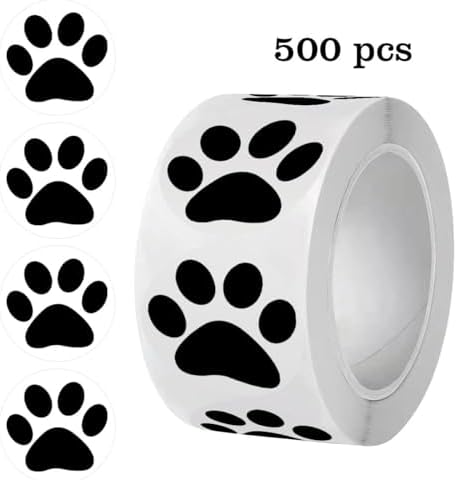 500PCS Paw Print Stickers Roll 1 Inch Waterproof Vinyl Dog Cat Paw Decals Animal Footprint Stickers for Kids Party Scrapbooking Crafts Classroom Reward Teens Adults Water Bottle Notebook Gift Bags