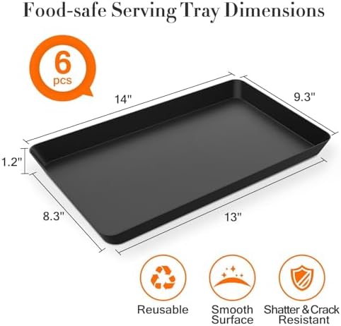 WOWBOX 6 pcs Serving Tray for Entertaining, Serving Platters for Snacks, Fruit, Cookies, Dessert, Reusable Plastic Trays for Serving Food and Pantry Organization in Kitchen & for Parties, (Black)