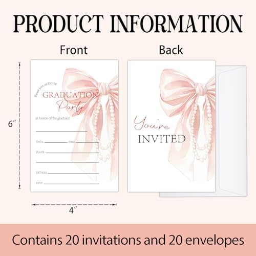 Pink Bow Graduation Invitations 2026 with Envelopes - 20 Pack Class of 2026 Graduation Party Invitations, 4x6 Inch Fill-in Graduation Announcements for High School or College - A08