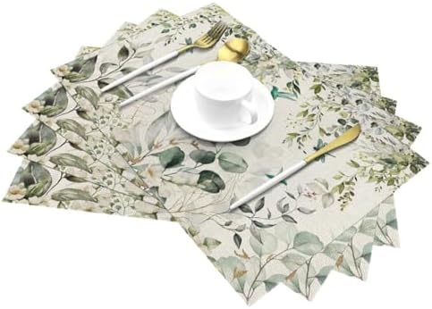 Spring Place mats Set of 4,12x18 Inches Green Floral Bird Eucalyptus Leaf Decorative Summer Decor Leaf Placemats Rectangle Spring Table Mats for Party Home Kitchen Dining Table Decoration