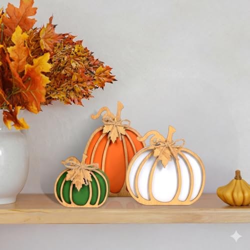 OLANRUN Fall Decorations for Home, 3-Piece Farmhouse Wooden Pumpkin Fall Decor, Handmade Crafts, Autumn Thanksgiving Decorations for Table, Tiered Tray, Mantel, Shelf, Office (4-8 Inch)