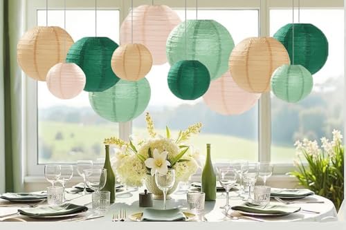 Sage Green Paper Lanterns Decorative 12pcs Party Hanging Decorations for Rustic Party Bridal Shower Wedding Baby Shower Graduation Anniversary Neutral Room Decor