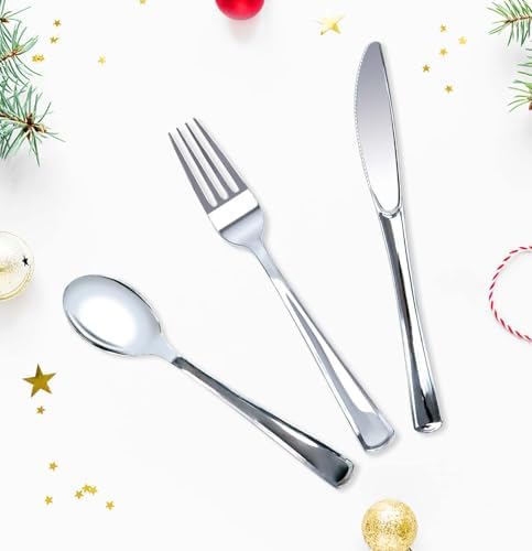 HEIPINIUYE 75 Pack Silver Plastic Cutlery Heavy Duty Silver Plastic Knives Forks and Spoons Disposable Silverware Set for 25 Guest Camping Birthday Baby Shower Wedding Party Utensils Set