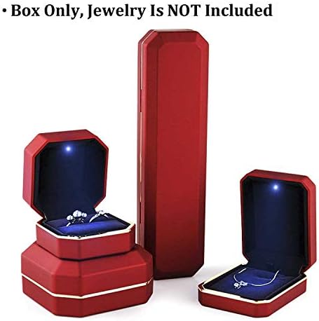 Luxury Ring Box, Square Velvet Wedding Ring Case Jewelry Gift Box with LED Light for Proposal Engagement Wedding, Red
