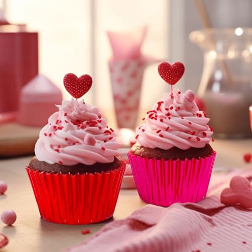 JarThenaAMCS 200Pcs Red Pink Foil Cupcake Liners Foil Metallic Baking Cups Cupcake Wrappers Muffin Liners for Valentine Christmas Birthday Wedding Party Supplies