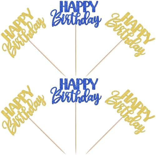 30 PCS Happy Birthday Cupcake Toppers Glitter Happy Birthday Cupcake Picks for Celebrating Anniversary Theme Christmas Party Cake Decorations Supplies Gold Blue
