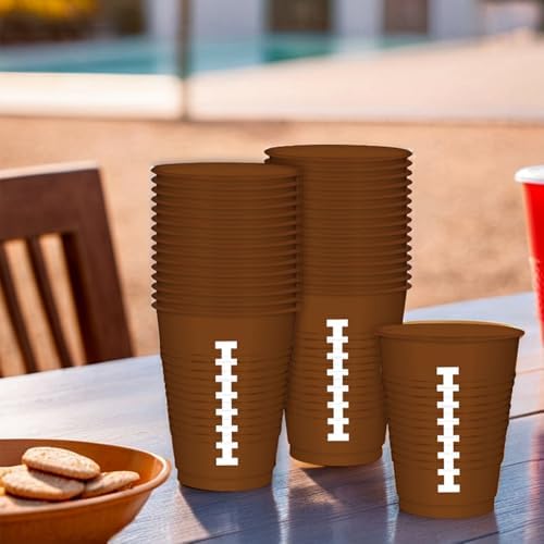 Football-Themed Brown Plastic Cups - 16 oz. (Pack of 25) - Sturdy & Durable Drinkware, Perfect for Game Day Parties & Tailgating Events